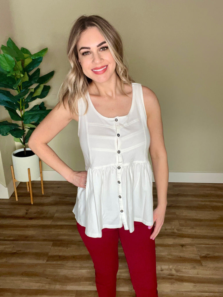 Button-Front Babydoll Sleeveless Top in Soft White-Villari Chic, women's online fashion boutique in Severna, Maryland