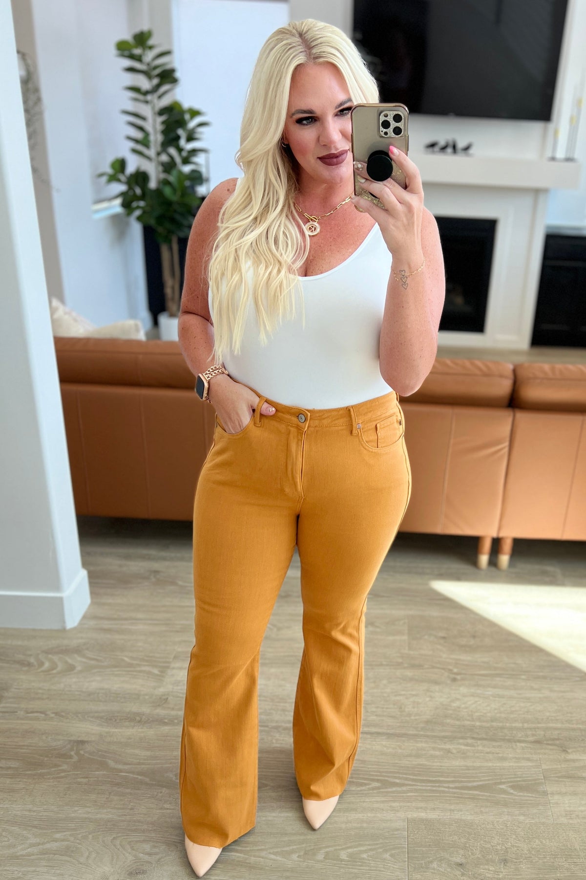 Judy Blue High-Rise Tummy Control Flares in Marigold-Womens-Villari Chic, women's online fashion boutique in Severna, Maryland