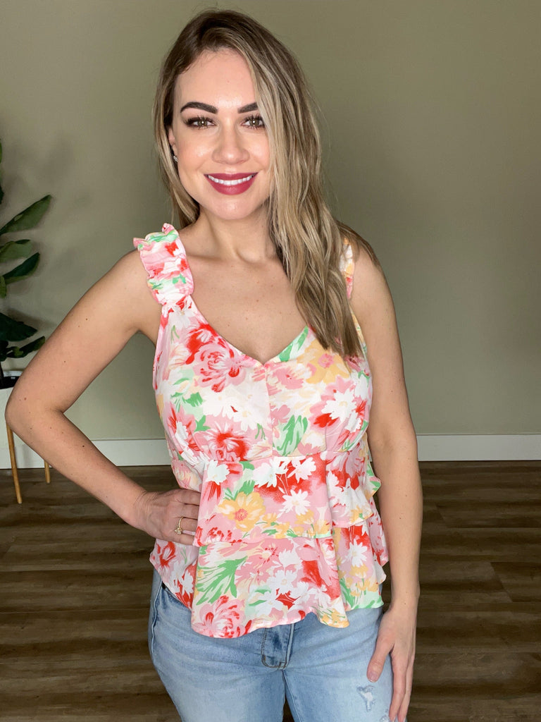 Tiered V-Neck Sleeveless Top in Fairytale Pink Florals-Villari Chic, women's online fashion boutique in Severna, Maryland