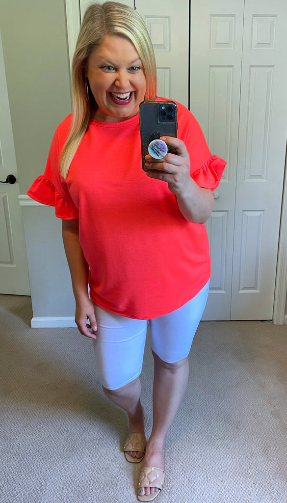Ruffle-Sleeved Top with Open Back & Gathered Twist in Neon Coral-Villari Chic, women's online fashion boutique in Severna, Maryland