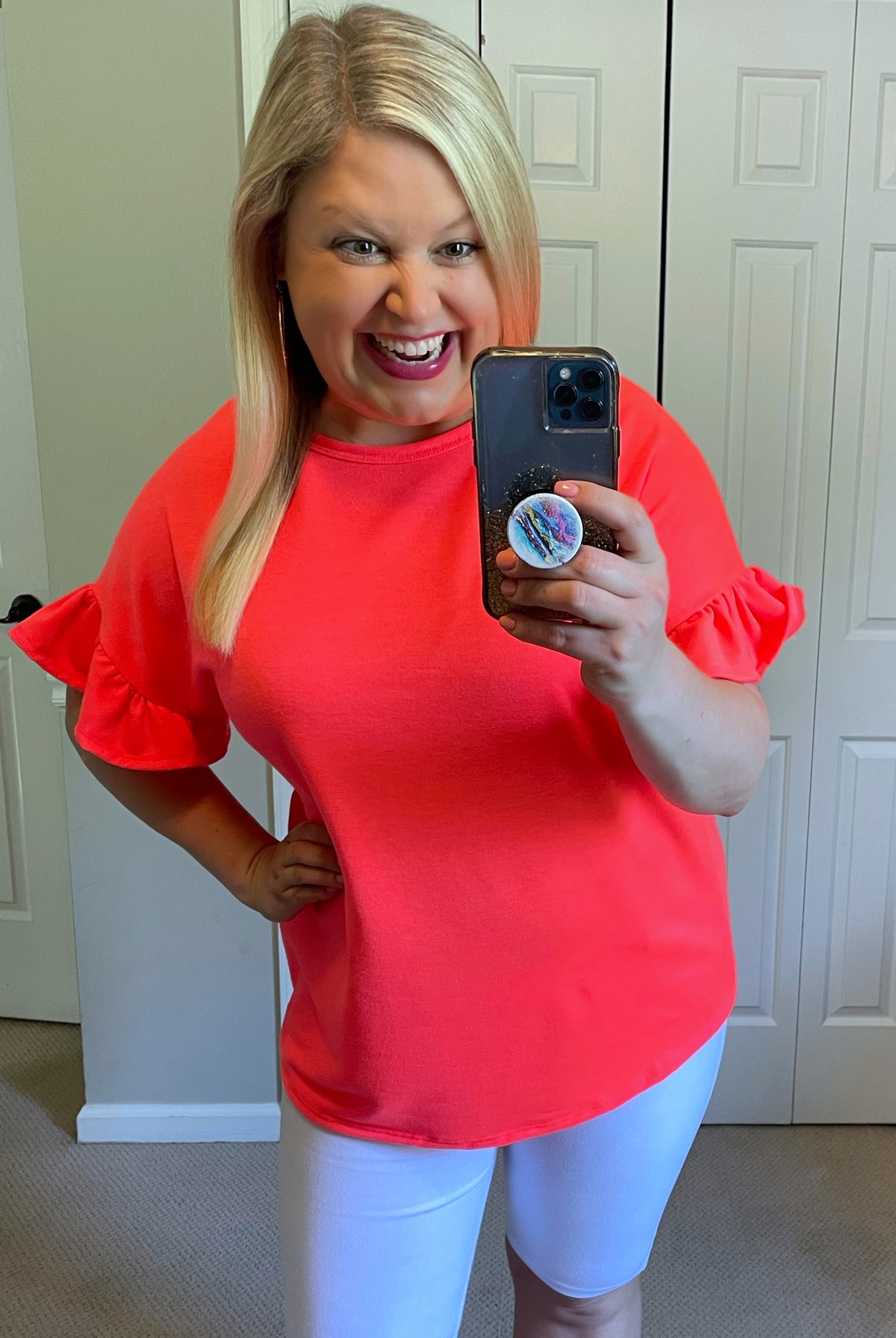 Ruffle-Sleeved Top with Open Back & Gathered Twist in Neon Coral-Villari Chic, women's online fashion boutique in Severna, Maryland