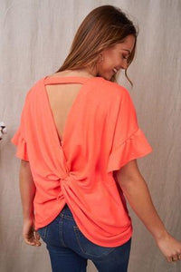 Ruffle-Sleeved Top with Open Back & Gathered Twist in Neon Coral-Villari Chic, women's online fashion boutique in Severna, Maryland