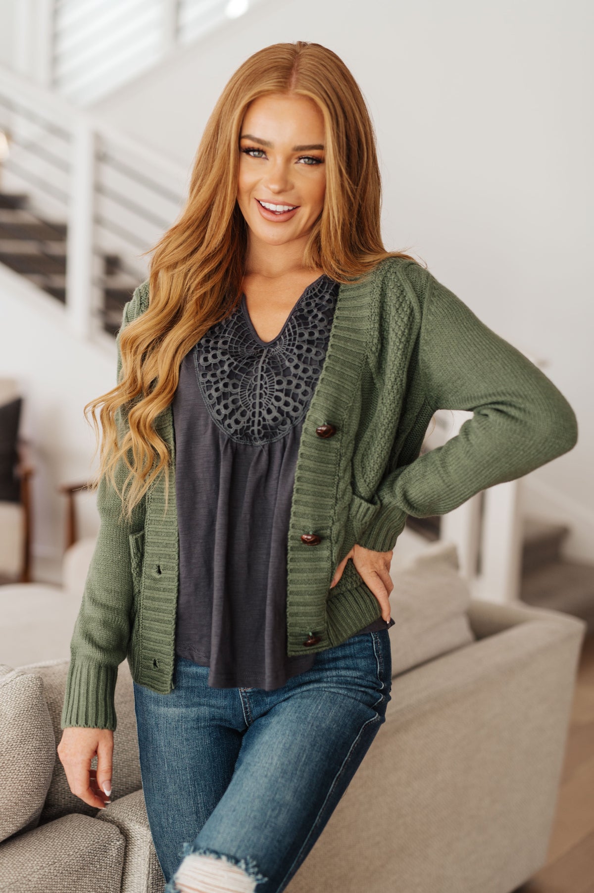 Climbing Vine Cable Knit Cardigan in Green-Womens-Villari Chic, women's online fashion boutique in Severna, Maryland