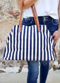 Kapolei Striped Tote in Navy & White-Villari Chic, women's online fashion boutique in Severna, Maryland