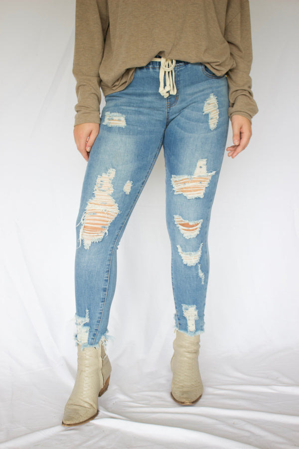 Knock Out Distressed Denim Joggers-Villari Chic, women's online fashion boutique in Severna, Maryland