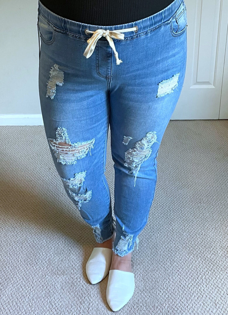 Knock Out Distressed Denim Joggers-Villari Chic, women's online fashion boutique in Severna, Maryland