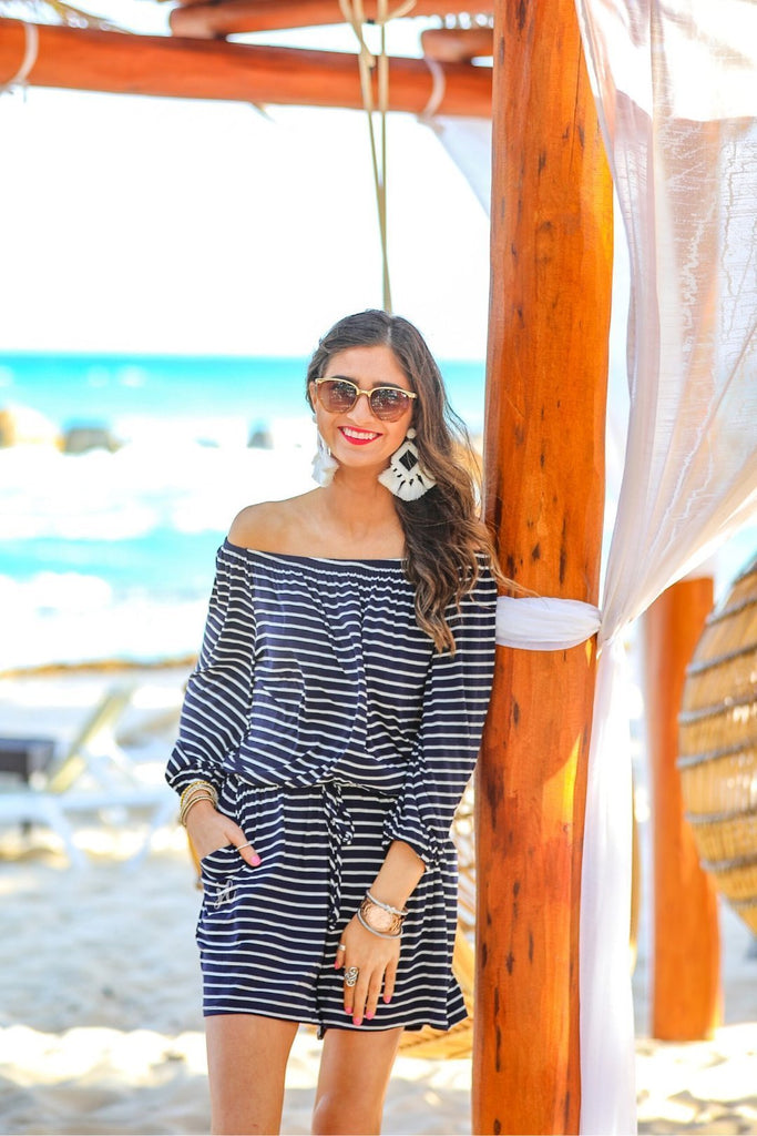 Laguna Beach Striped Off-the-Shoulder Romper - 2 Colors!-Villari Chic, women's online fashion boutique in Severna, Maryland