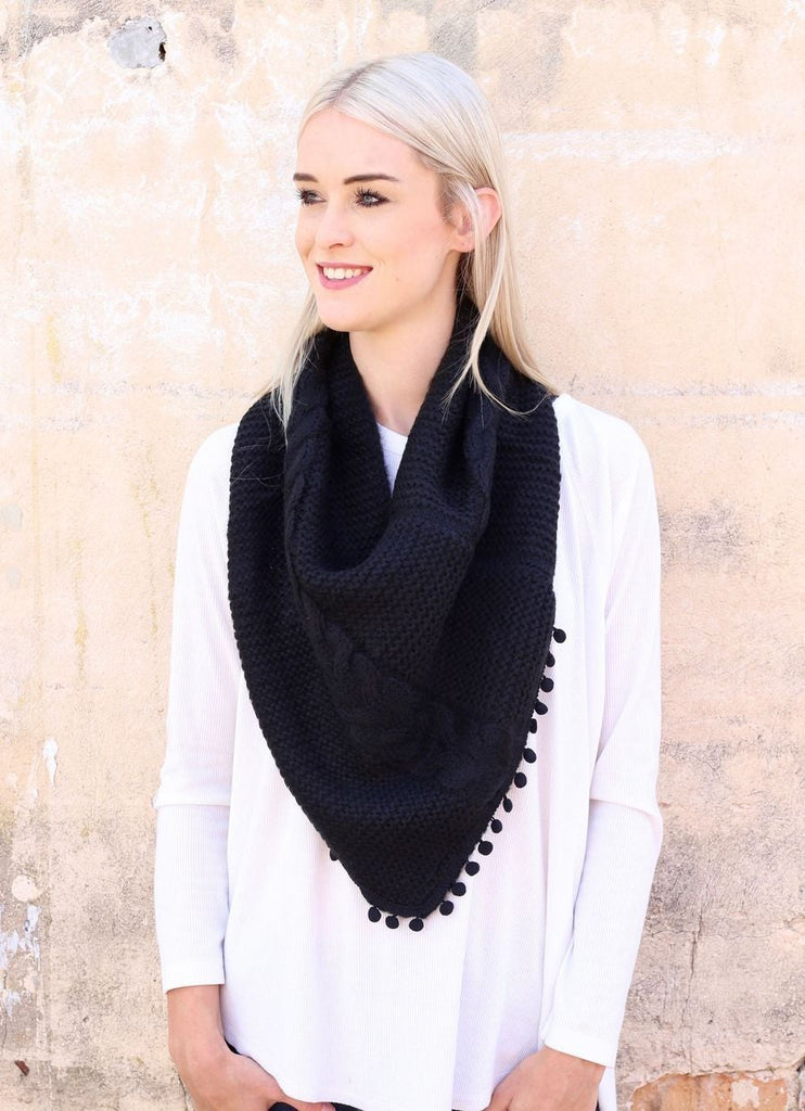 Layne Loop Scarf with Pom Pom Detail in Black-Villari Chic, women's online fashion boutique in Severna, Maryland