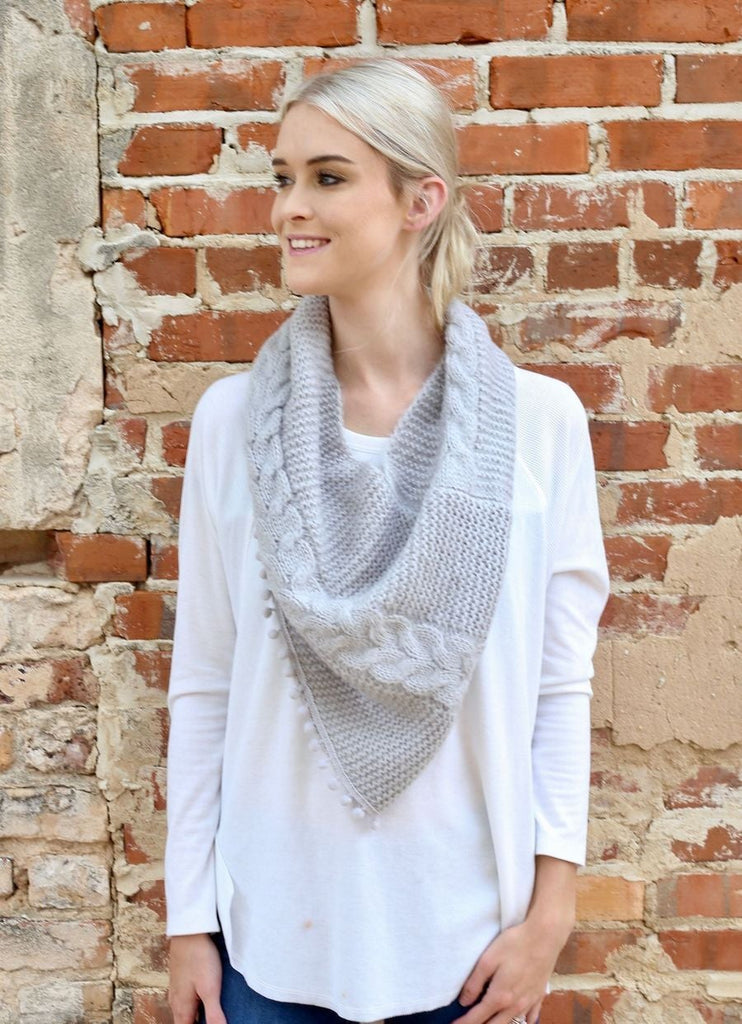 Layne Loop Scarf with Pom Pom Detail in Light Grey-Villari Chic, women's online fashion boutique in Severna, Maryland
