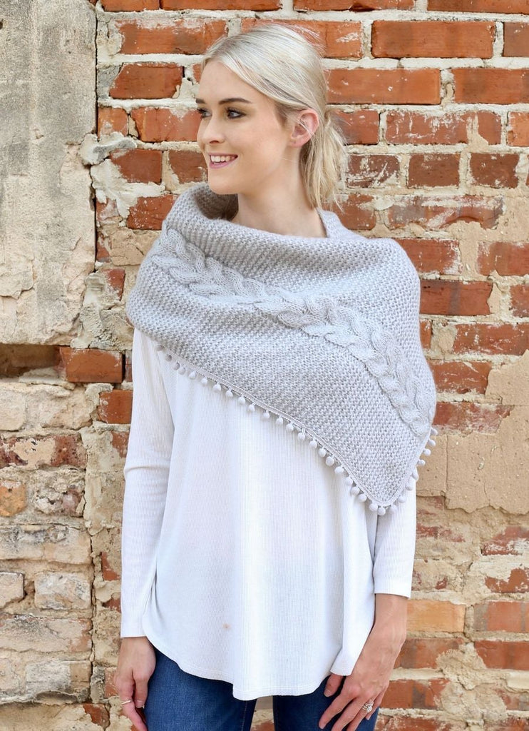 Layne Loop Scarf with Pom Pom Detail in Light Grey-Villari Chic, women's online fashion boutique in Severna, Maryland