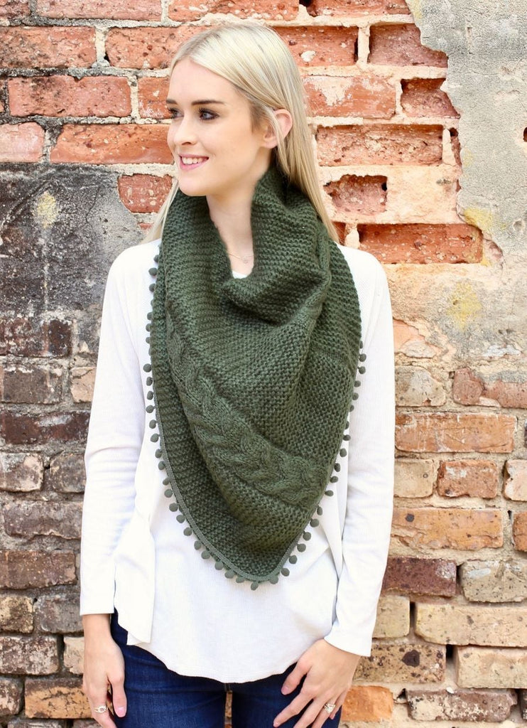 Layne Loop Scarf with Pom Pom Detail in Olive-Villari Chic, women's online fashion boutique in Severna, Maryland