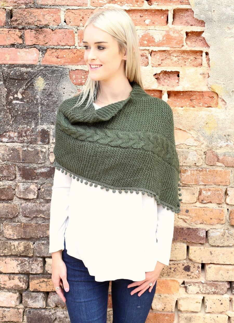 Layne Loop Scarf with Pom Pom Detail in Olive-Villari Chic, women's online fashion boutique in Severna, Maryland