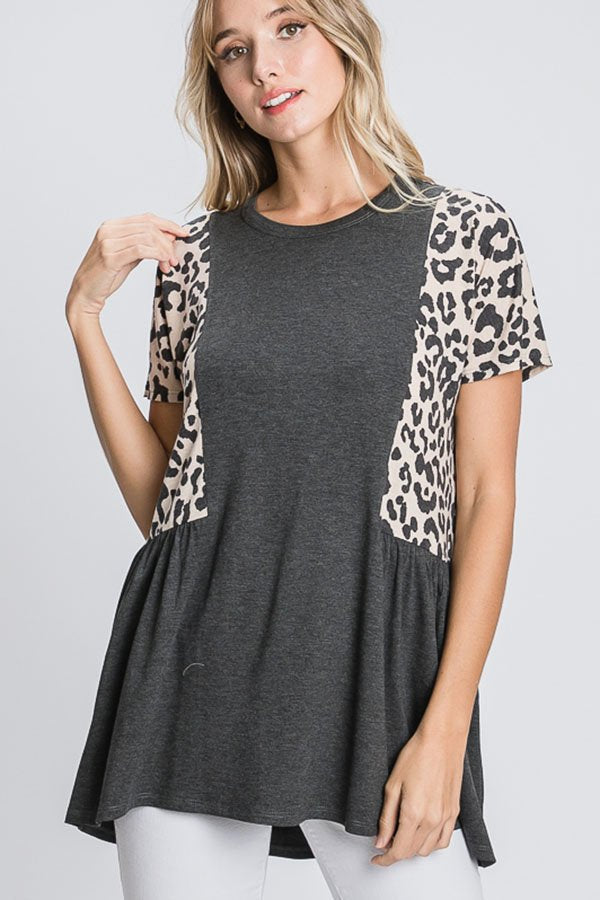 Leopard Accent Babydoll Top in Charcoal-Villari Chic, women's online fashion boutique in Severna, Maryland