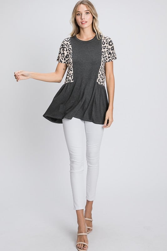 Leopard Accent Babydoll Top in Charcoal-Villari Chic, women's online fashion boutique in Severna, Maryland