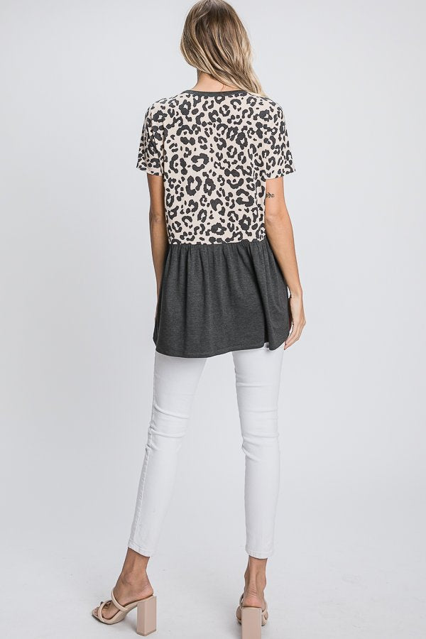 Leopard Accent Babydoll Top in Charcoal-Villari Chic, women's online fashion boutique in Severna, Maryland