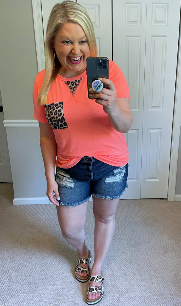 Leopard Accent Tee in Neon Coral-Villari Chic, women's online fashion boutique in Severna, Maryland