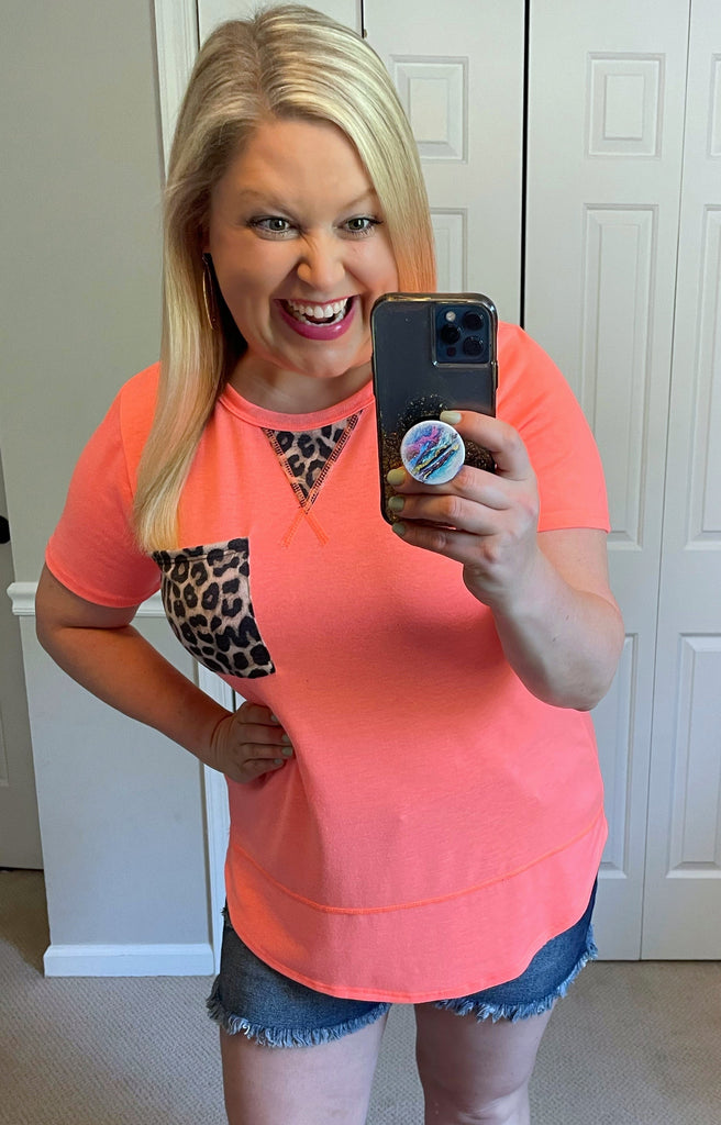 Leopard Accent Tee in Neon Coral-Villari Chic, women's online fashion boutique in Severna, Maryland