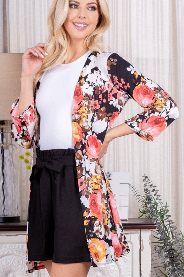 Lightweight Floral Cardigan with Side Slits in Black-Villari Chic, women's online fashion boutique in Severna, Maryland