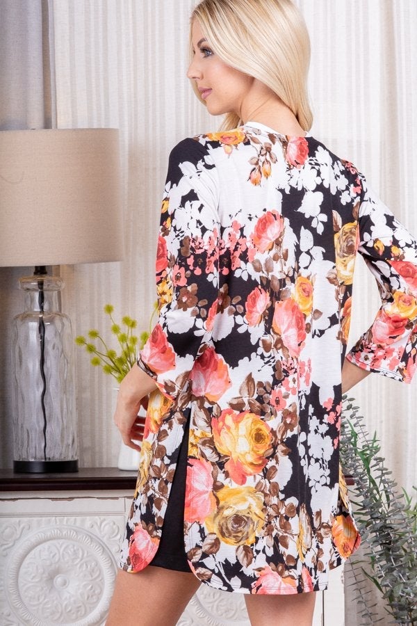 Lightweight Floral Cardigan with Side Slits in Black-Villari Chic, women's online fashion boutique in Severna, Maryland