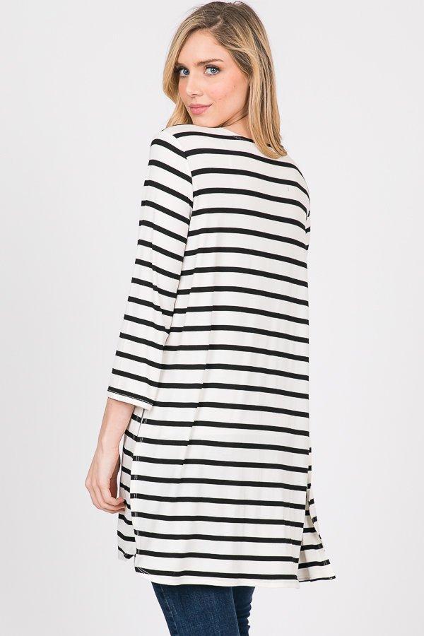 Lightweight White & Black Striped Cardigan with Side Slits-Villari Chic, women's online fashion boutique in Severna, Maryland