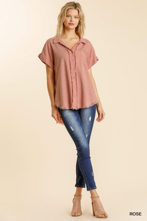 Linen Button-Down Top with Fringe Detail in Rose-Villari Chic, women's online fashion boutique in Severna, Maryland