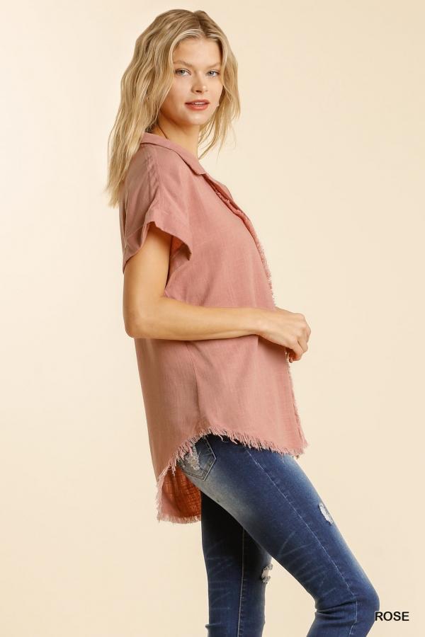 Linen Button-Down Top with Fringe Detail in Rose-Villari Chic, women's online fashion boutique in Severna, Maryland