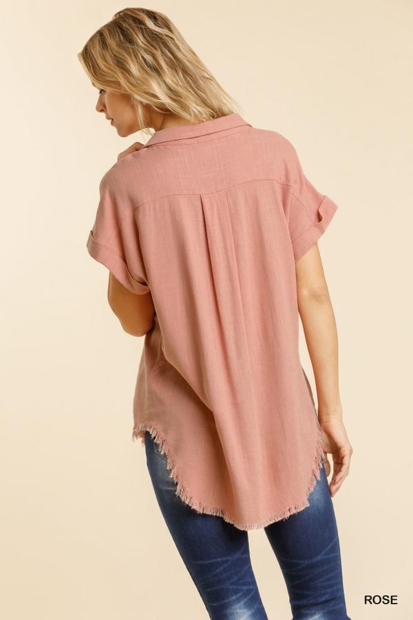 Linen Button-Down Top with Fringe Detail in Rose-Villari Chic, women's online fashion boutique in Severna, Maryland