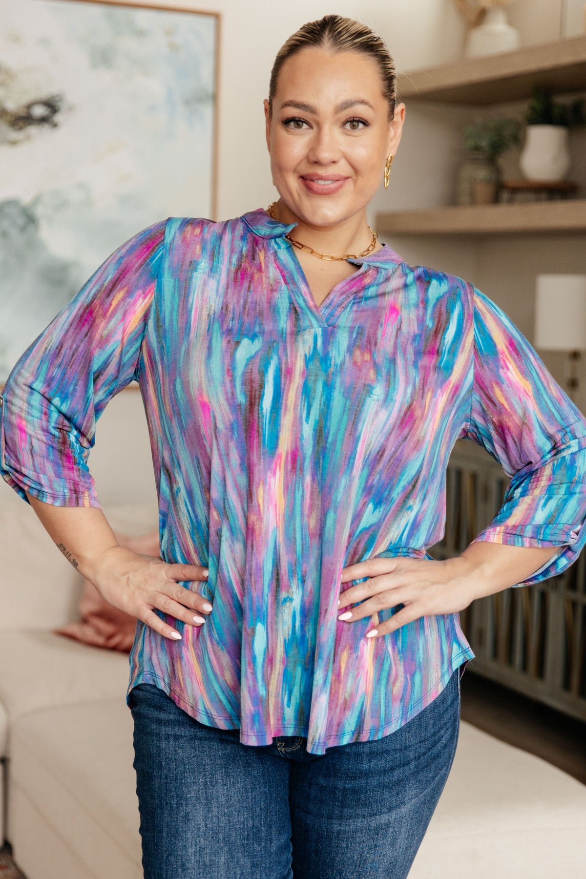 Little Lovely Blouse in Blue Multi-Tops-Villari Chic, women's online fashion boutique in Severna, Maryland