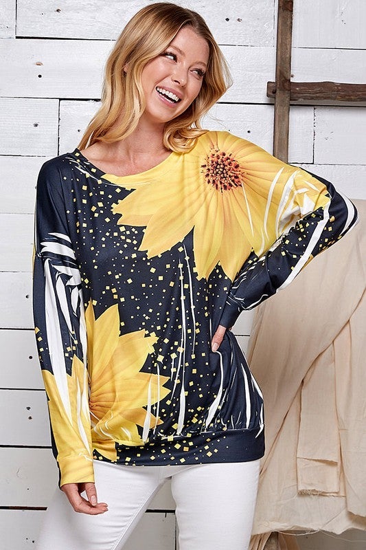 Long-Sleeved Buttery Soft Sunflower Top-Villari Chic, women's online fashion boutique in Severna, Maryland
