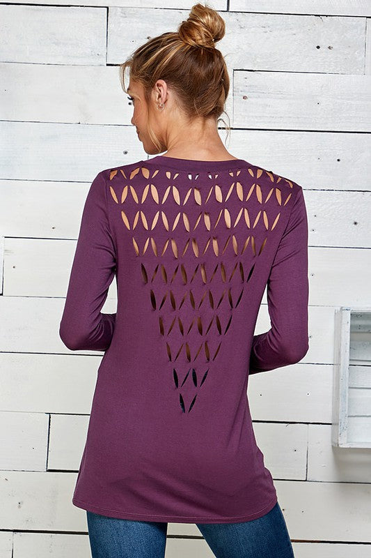 Long-Sleeved Cut-Out Back Top in Plum-Villari Chic, women's online fashion boutique in Severna, Maryland