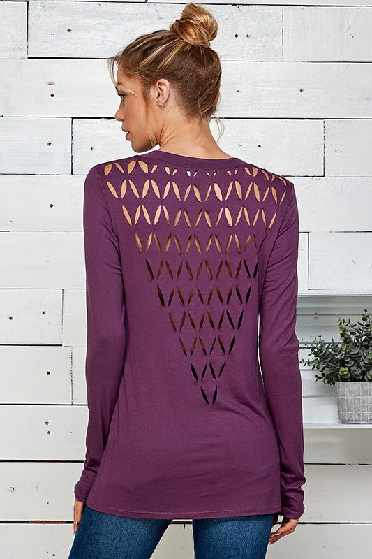 Long-Sleeved Cut-Out Back Top in Plum-Villari Chic, women's online fashion boutique in Severna, Maryland