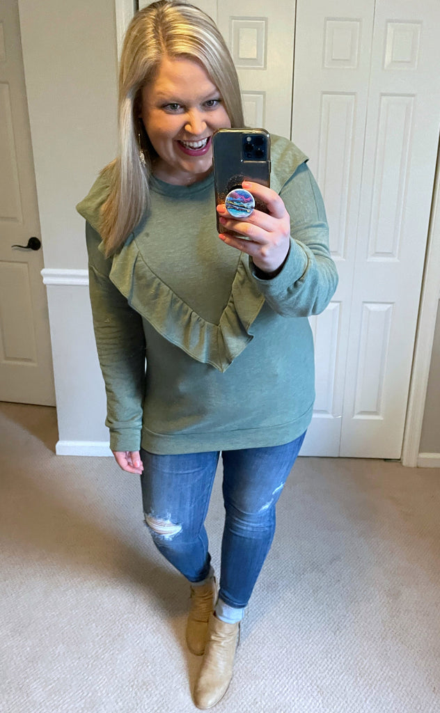 Long-Sleeved Ruffle Top in Spring Green-Villari Chic, women's online fashion boutique in Severna, Maryland