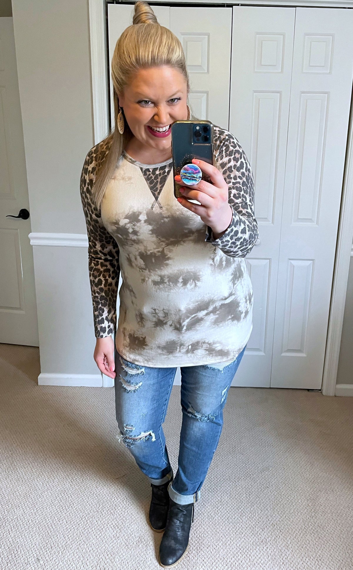 Long-Sleeved Tie-Dye & Animal Print Raglan Tee in Neutrals-Villari Chic, women's online fashion boutique in Severna, Maryland