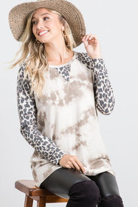 Long-Sleeved Tie-Dye & Animal Print Raglan Tee in Neutrals-Villari Chic, women's online fashion boutique in Severna, Maryland