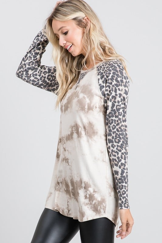 Long-Sleeved Tie-Dye & Animal Print Raglan Tee in Neutrals-Villari Chic, women's online fashion boutique in Severna, Maryland