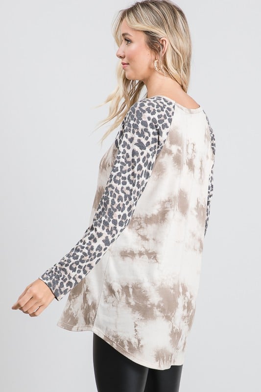 Long-Sleeved Tie-Dye & Animal Print Raglan Tee in Neutrals-Villari Chic, women's online fashion boutique in Severna, Maryland