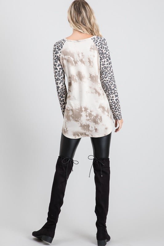 Long-Sleeved Tie-Dye & Animal Print Raglan Tee in Neutrals-Villari Chic, women's online fashion boutique in Severna, Maryland