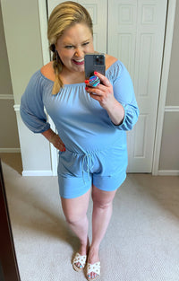 Malibu Off-the-Shoulder Romper in Powder Blue-Villari Chic, women's online fashion boutique in Severna, Maryland