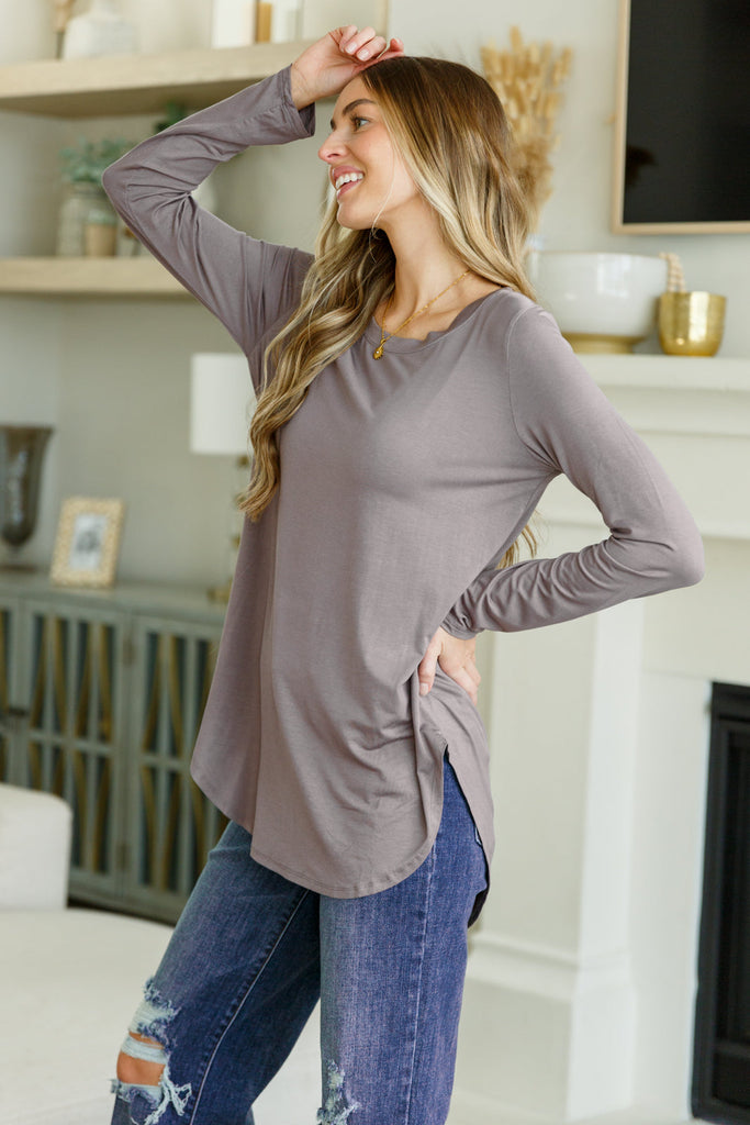 Me Time Long-Sleeved Top in Lavender Grey-Tops-Villari Chic, women's online fashion boutique in Severna, Maryland