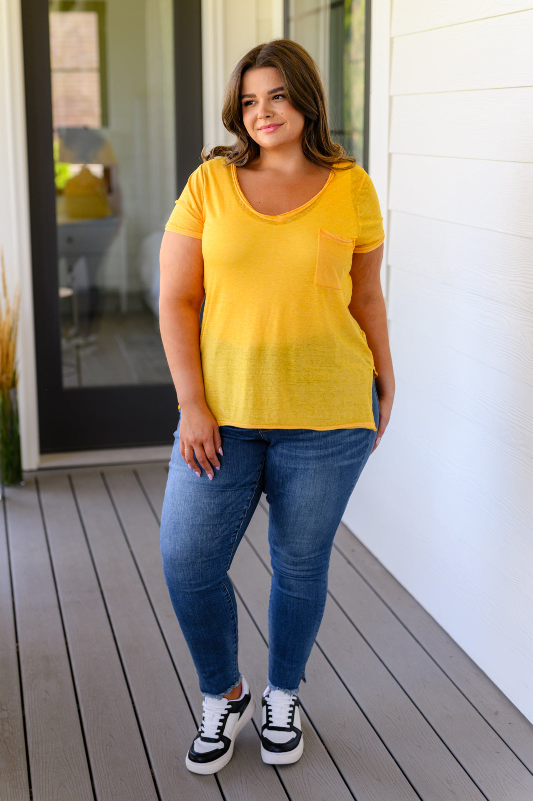 Melange Burnout V-Neck Tee in Yellow Gold-Womens-Villari Chic, women's online fashion boutique in Severna, Maryland