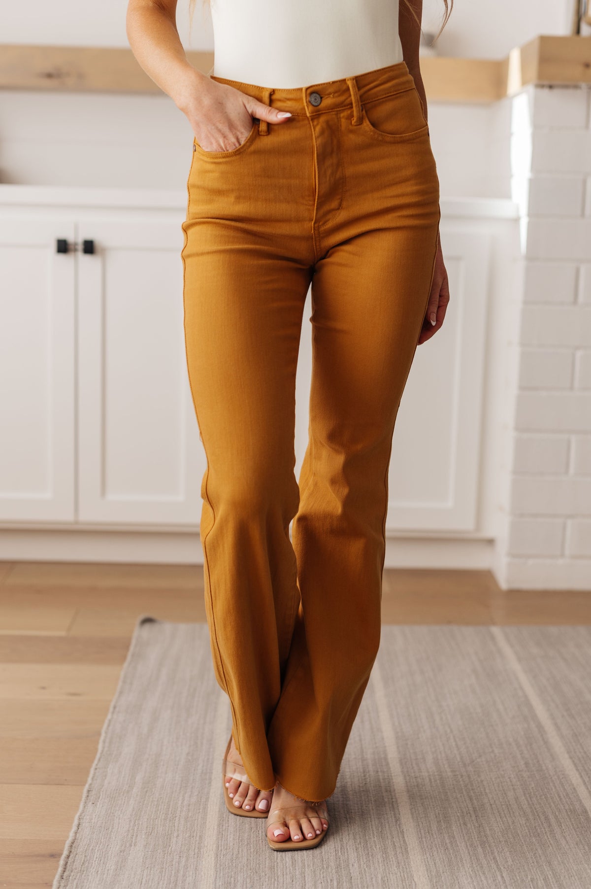 Judy Blue High-Rise Tummy Control Flares in Marigold-Womens-Villari Chic, women's online fashion boutique in Severna, Maryland