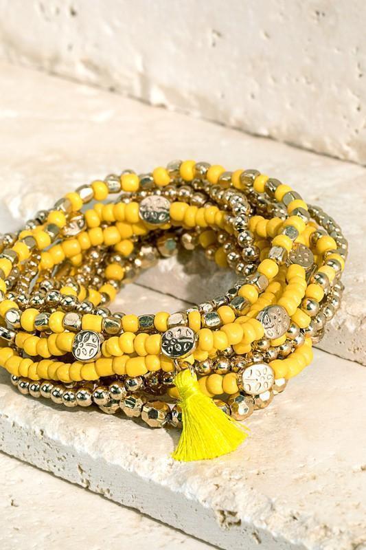 Mixed Bead & Tassel Bracelet Stack in Canary-Villari Chic, women's online fashion boutique in Severna, Maryland