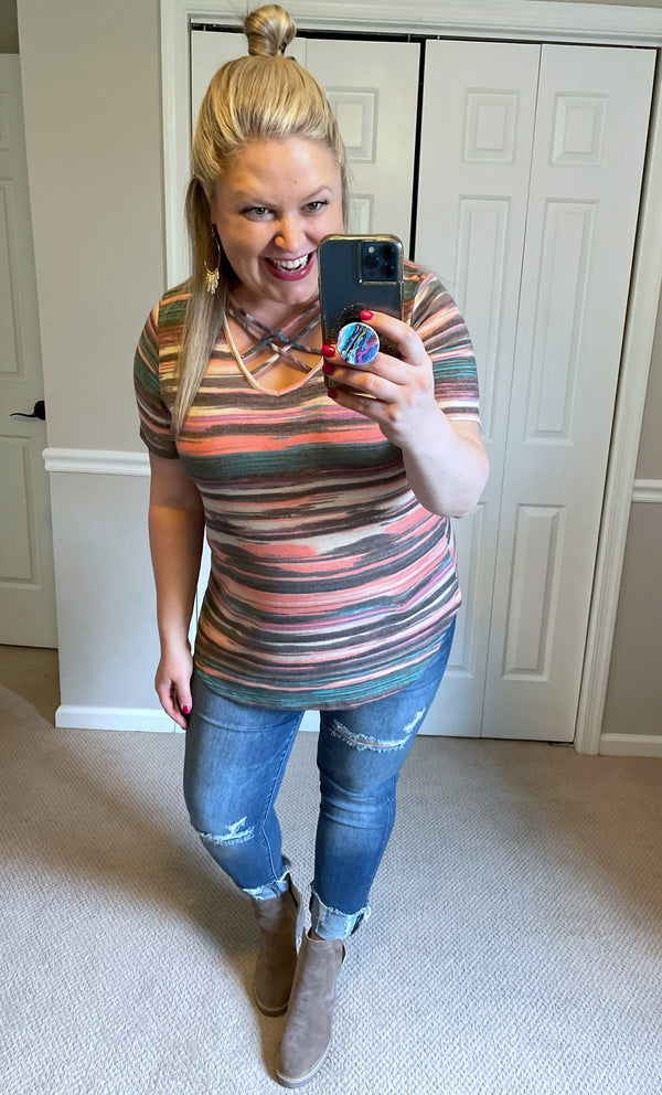 Multicolor Striped Criss-Cross V-Neck Tee-Villari Chic, women's online fashion boutique in Severna, Maryland