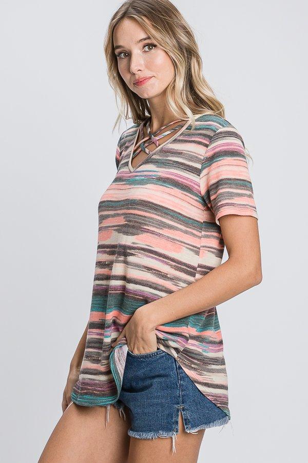 Multicolor Striped Criss-Cross V-Neck Tee-Villari Chic, women's online fashion boutique in Severna, Maryland