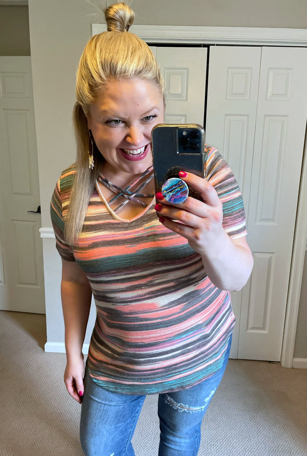 Multicolor Striped Criss-Cross V-Neck Tee-Villari Chic, women's online fashion boutique in Severna, Maryland