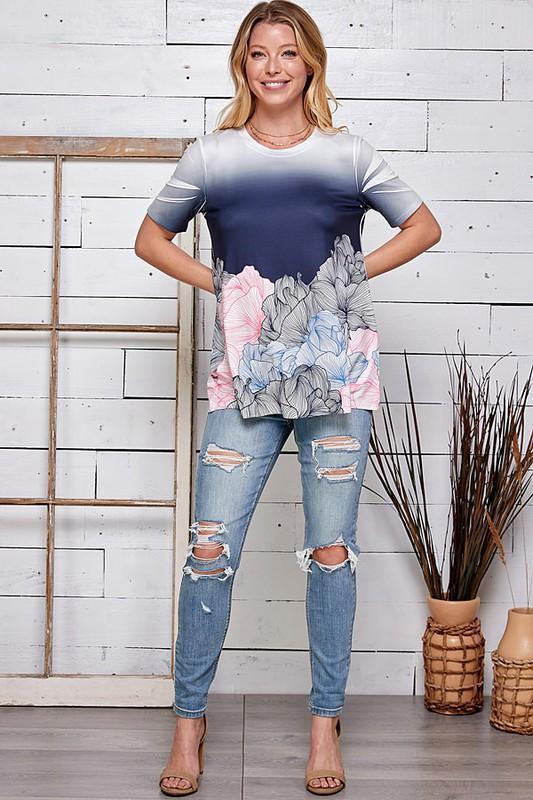 Navy, Pink & White Ombré Floral Top-Villari Chic, women's online fashion boutique in Severna, Maryland