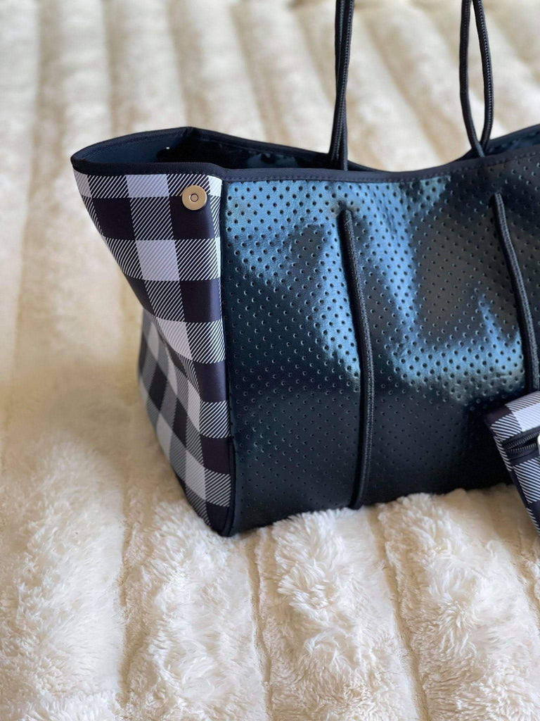 Neoprene Tote Bag - Black with Black & White Buffalo Check Sides-Villari Chic, women's online fashion boutique in Severna, Maryland