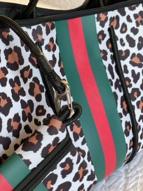 Neoprene Tote Bag - Cheetah with Red & Green Center Stripe-Villari Chic, women's online fashion boutique in Severna, Maryland