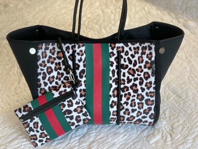 Neoprene Tote Bag - Cheetah with Red & Green Center Stripe-Villari Chic, women's online fashion boutique in Severna, Maryland