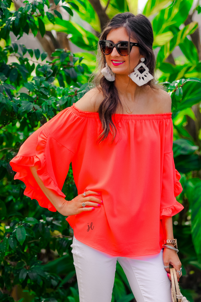 Off-the-Shoulder Top with Ruffle Sleeve Detail in Neon Coral-Villari Chic, women's online fashion boutique in Severna, Maryland